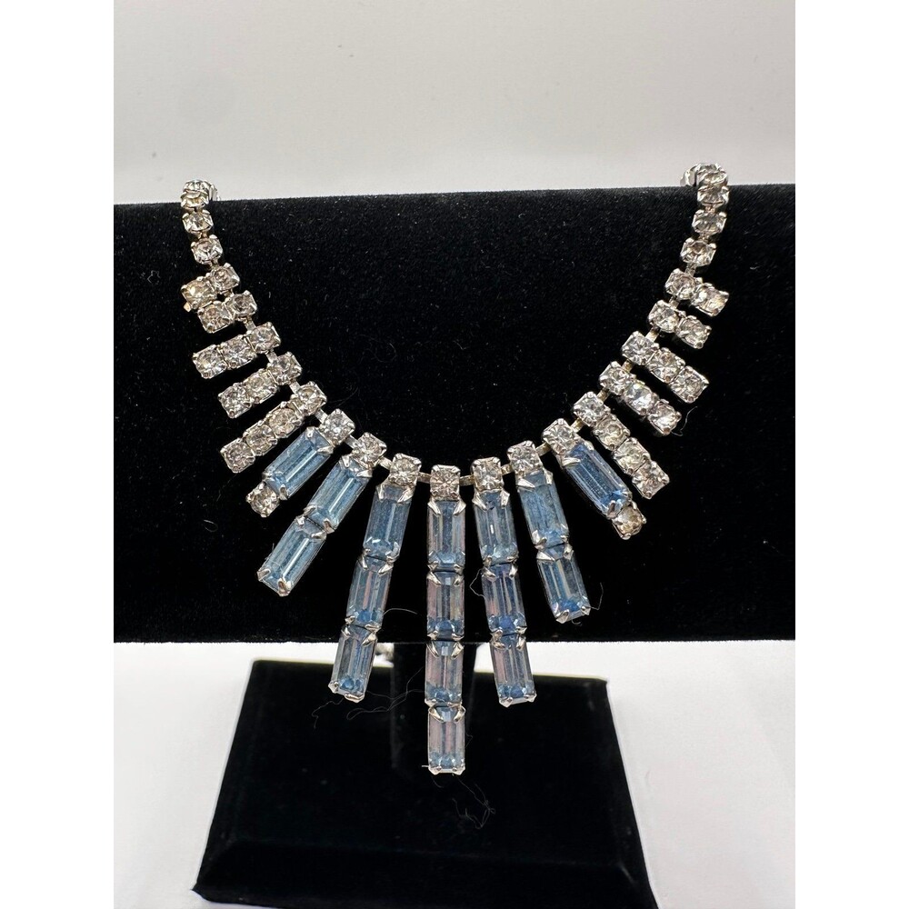 Vintage Mid Century Rhinestone Statement Necklace - Light Blue & Clear